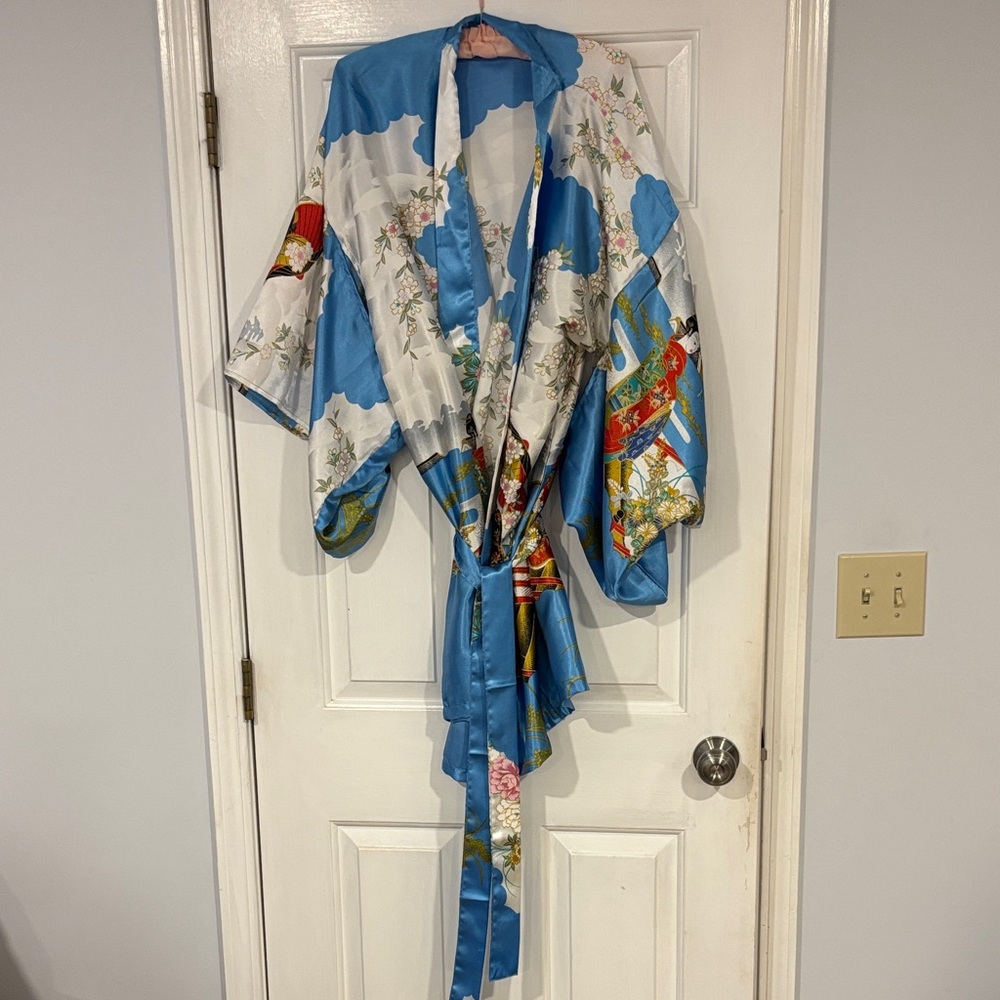 Blue Floral Satin Kimono Robe